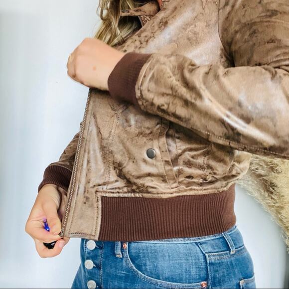 ANTHROPOLOGIE HEI HEI Brown Vegan Faux Leather Knit Cuff Bomber Jacket Coat XS - Picture 3 of 10